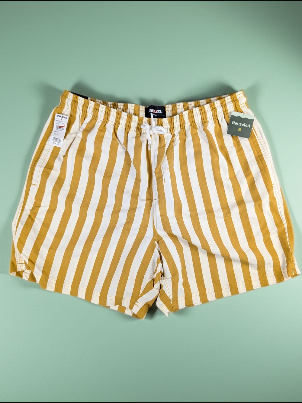 RSQ Nylon Striped Shorts Men's Gold White Stripe  Drawstring Pockets 6"